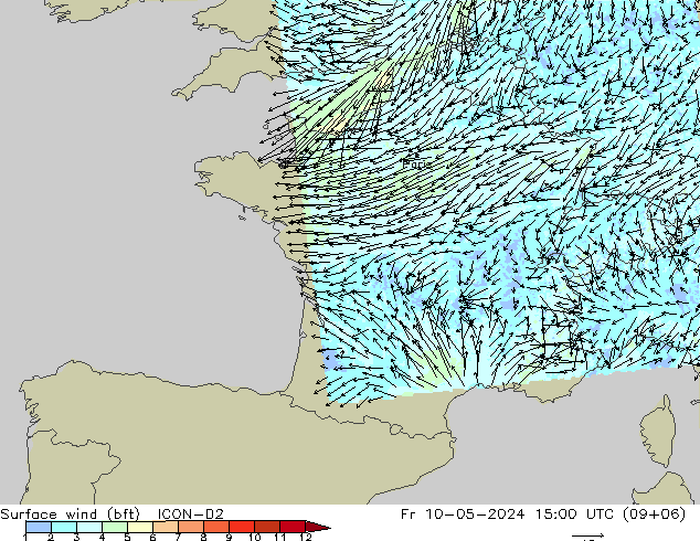 Rüzgar 10 m (bft) ICON-D2 Cu 10.05.2024 15 UTC