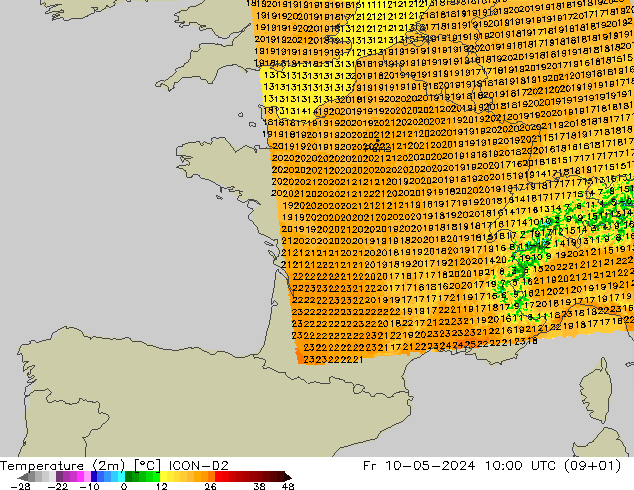 Temperatuurkaart (2m) ICON-D2 vr 10.05.2024 10 UTC