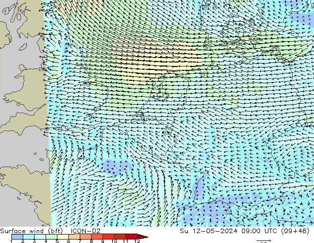 Surface wind (bft) ICON-D2 Su 12.05.2024 09 UTC