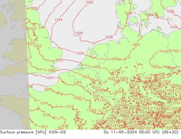 地面气压 ICON-D2 星期六 11.05.2024 05 UTC