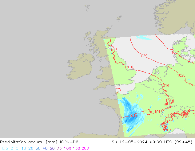 Precipitation accum. ICON-D2 Su 12.05.2024 09 UTC