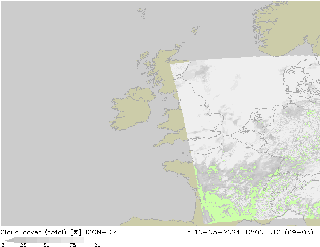 Cloud cover (total) ICON-D2 Pá 10.05.2024 12 UTC