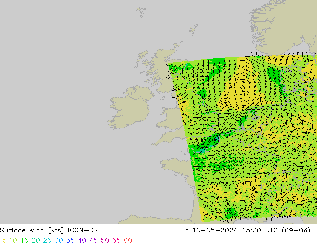 Wind 10 m ICON-D2 vr 10.05.2024 15 UTC