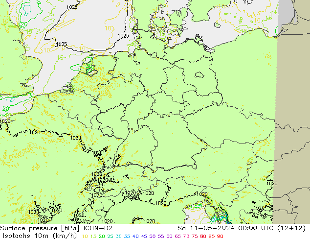 10米等风速线 (kph) ICON-D2 星期六 11.05.2024 00 UTC