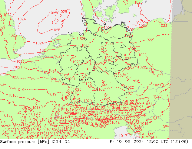地面气压 ICON-D2 星期五 10.05.2024 18 UTC