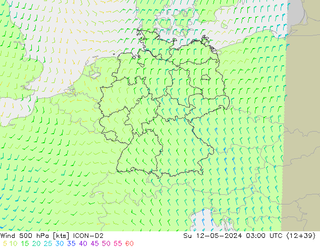 Rüzgar 500 hPa ICON-D2 Paz 12.05.2024 03 UTC