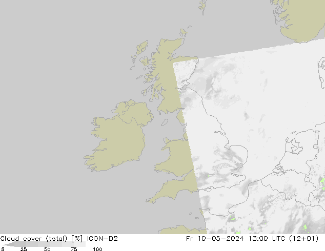 Cloud cover (total) ICON-D2 Fr 10.05.2024 13 UTC
