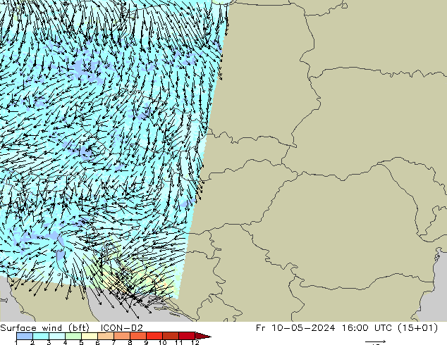 Surface wind (bft) ICON-D2 Fr 10.05.2024 16 UTC