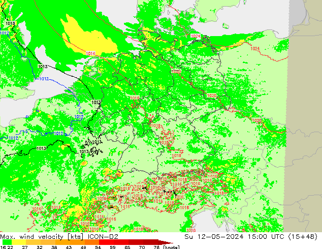 Max. wind velocity ICON-D2 dom 12.05.2024 15 UTC