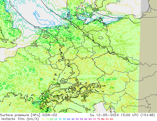 Eşrüzgar Hızları (km/sa) ICON-D2 Paz 12.05.2024 15 UTC