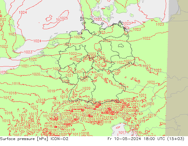 地面气压 ICON-D2 星期五 10.05.2024 18 UTC
