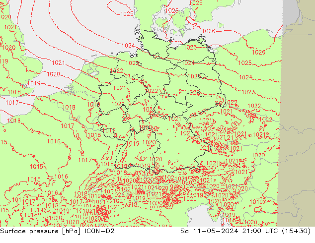 Surface pressure ICON-D2 Sa 11.05.2024 21 UTC