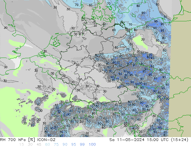 Humidité rel. 700 hPa ICON-D2 sam 11.05.2024 15 UTC