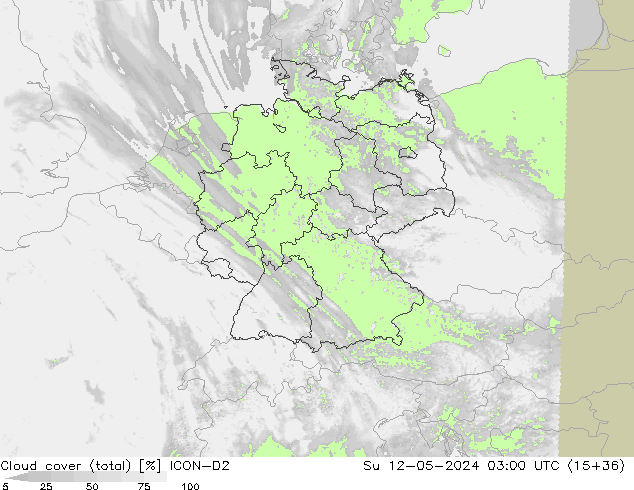 Cloud cover (total) ICON-D2 Su 12.05.2024 03 UTC