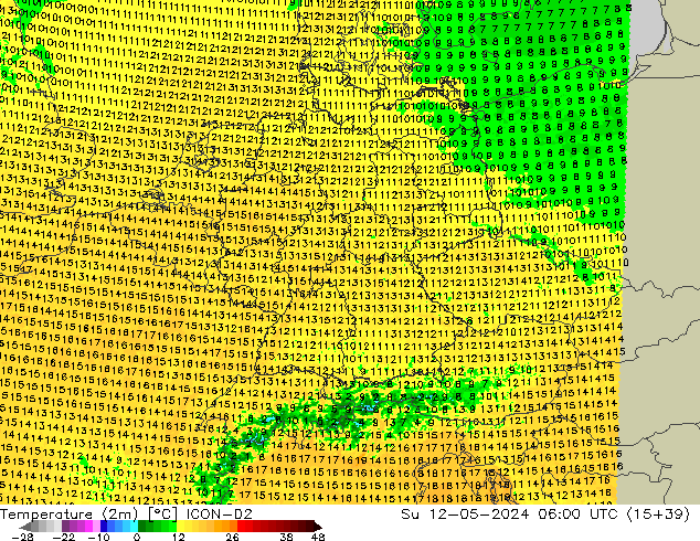 Temperatuurkaart (2m) ICON-D2 zo 12.05.2024 06 UTC