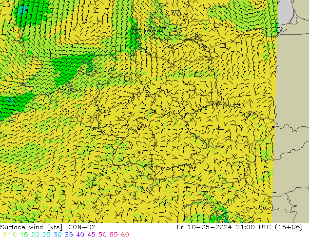 风 10 米 ICON-D2 星期五 10.05.2024 21 UTC
