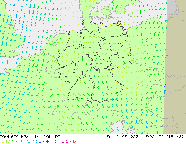 Vento 500 hPa ICON-D2 Dom 12.05.2024 15 UTC