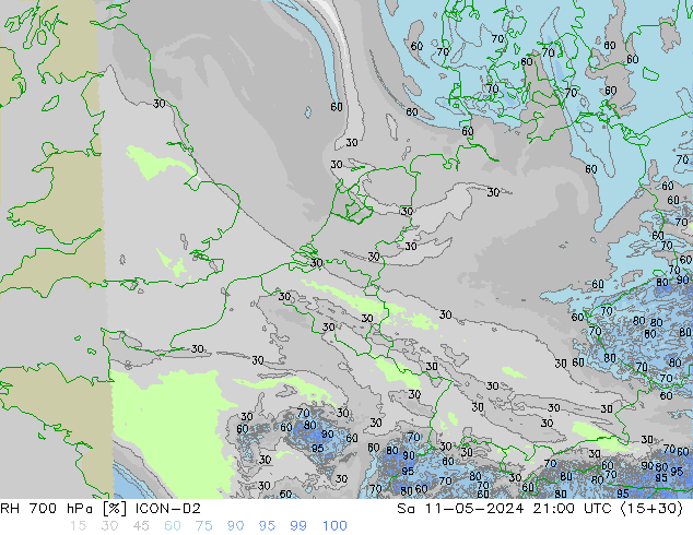 RH 700 hPa ICON-D2 so. 11.05.2024 21 UTC