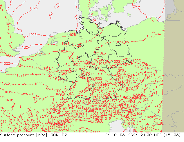 地面气压 ICON-D2 星期五 10.05.2024 21 UTC