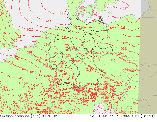 地面气压 ICON-D2 星期六 11.05.2024 18 UTC