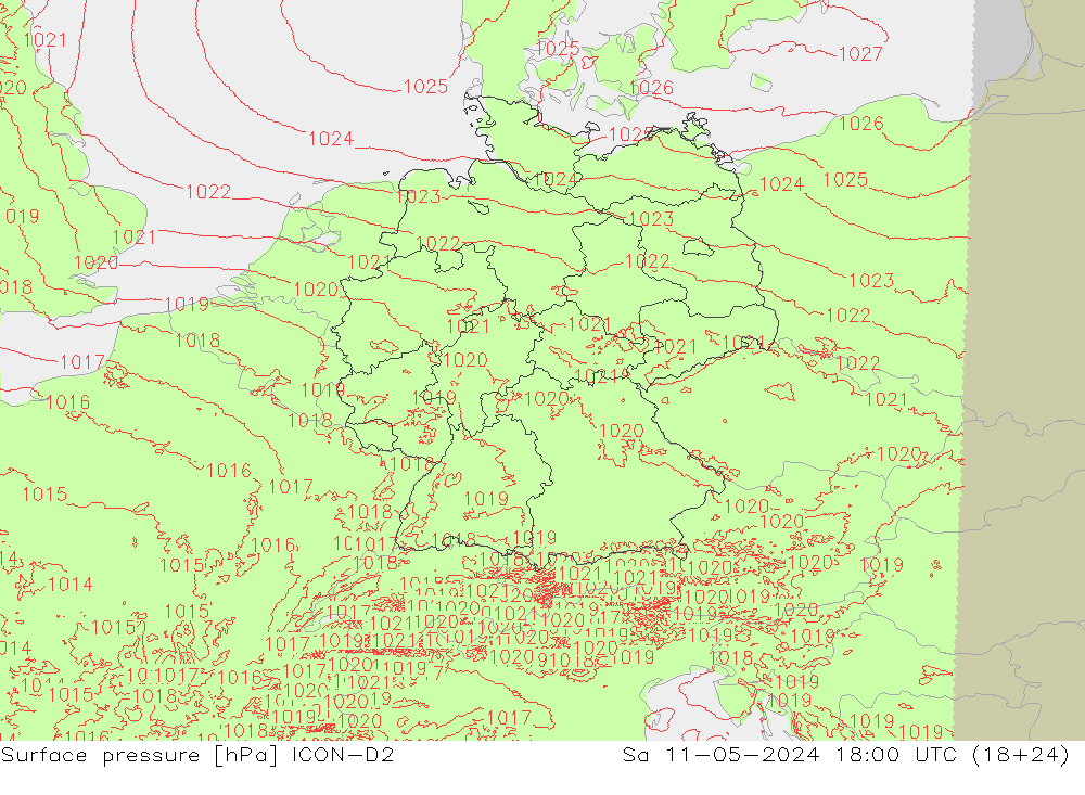 pressão do solo ICON-D2 Sáb 11.05.2024 18 UTC