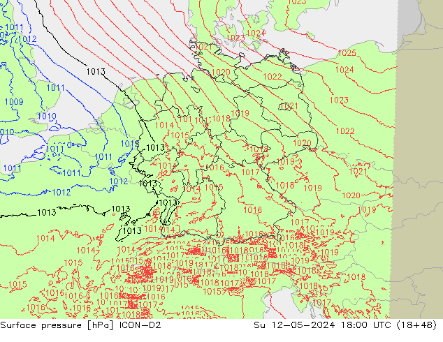 Atmosférický tlak ICON-D2 Ne 12.05.2024 18 UTC
