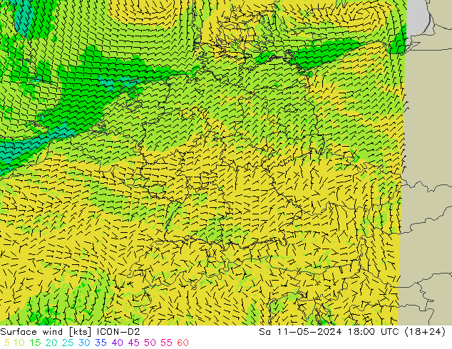 风 10 米 ICON-D2 星期六 11.05.2024 18 UTC
