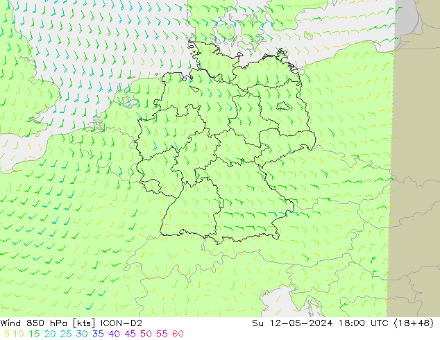 Vento 850 hPa ICON-D2 dom 12.05.2024 18 UTC