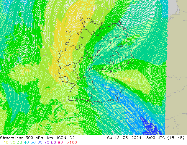 Streamlines 300 hPa ICON-D2 Su 12.05.2024 18 UTC