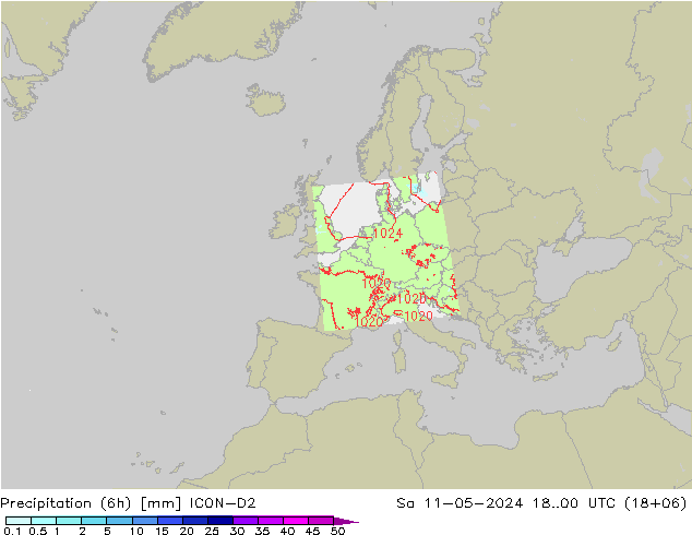 降水量 (6h) ICON-D2 星期六 11.05.2024 00 UTC