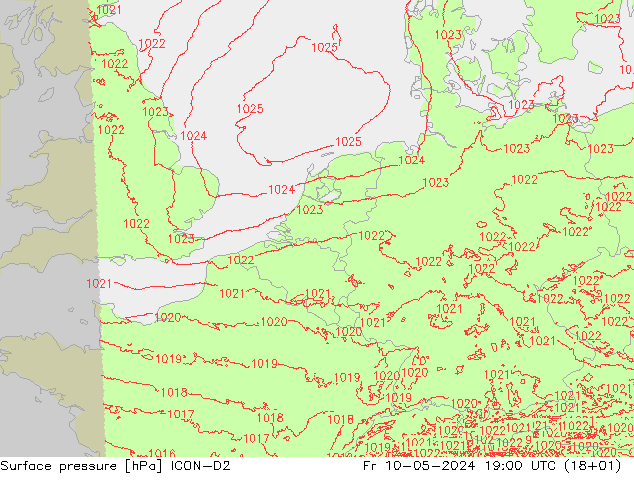 Presión superficial ICON-D2 vie 10.05.2024 19 UTC