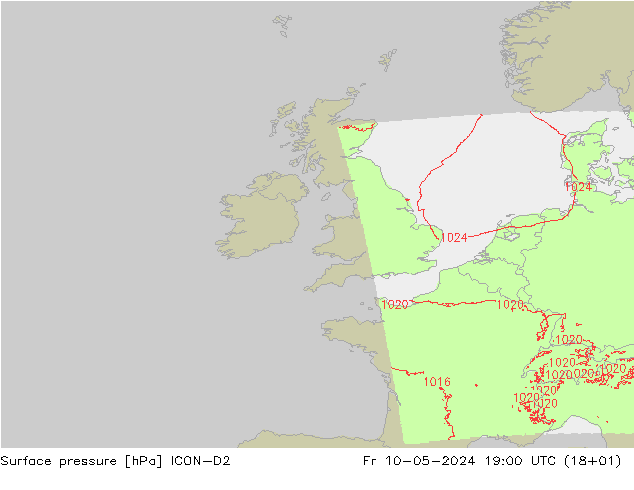 Surface pressure ICON-D2 Fr 10.05.2024 19 UTC