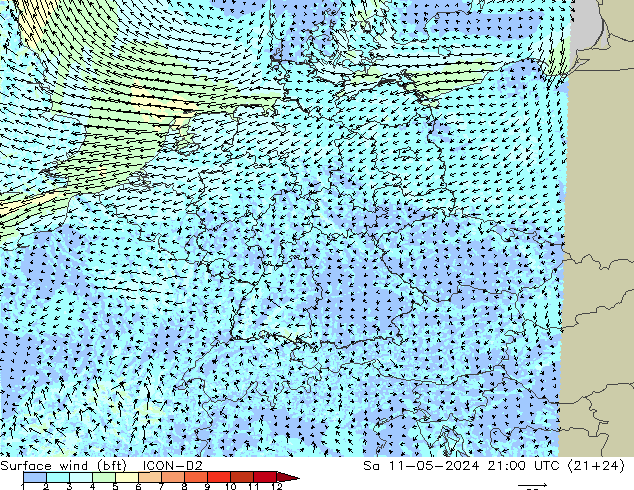 Surface wind (bft) ICON-D2 Sa 11.05.2024 21 UTC