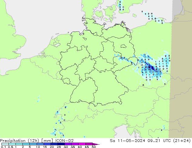 Precipitation (12h) ICON-D2 Sa 11.05.2024 21 UTC