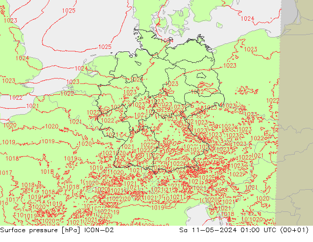 pressão do solo ICON-D2 Sáb 11.05.2024 01 UTC