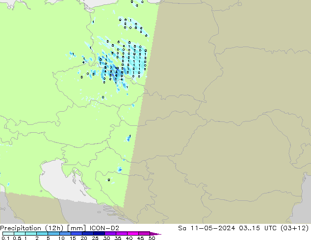 Precipitazione (12h) ICON-D2 sab 11.05.2024 15 UTC