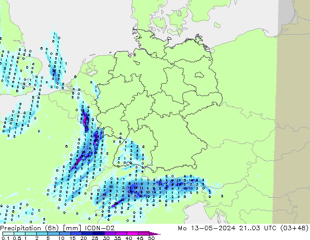 Precipitation (6h) ICON-D2 Mo 13.05.2024 03 UTC