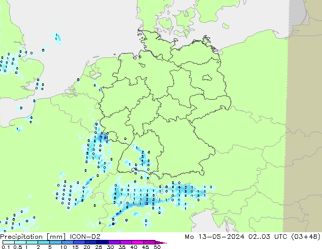 Precipitation ICON-D2 Mo 13.05.2024 03 UTC