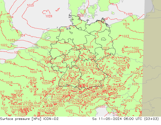 pressão do solo ICON-D2 Sáb 11.05.2024 06 UTC