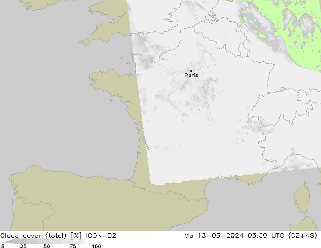 Cloud cover (total) ICON-D2 Mo 13.05.2024 03 UTC