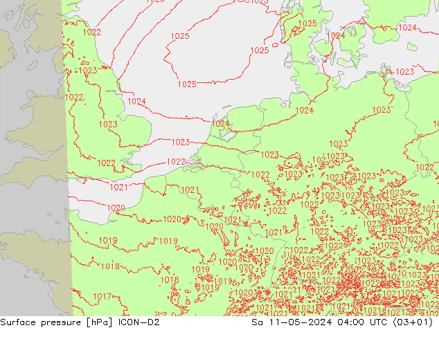 Presión superficial ICON-D2 sáb 11.05.2024 04 UTC
