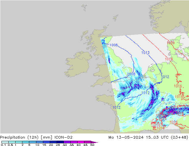 Precipitation (12h) ICON-D2 Mo 13.05.2024 03 UTC