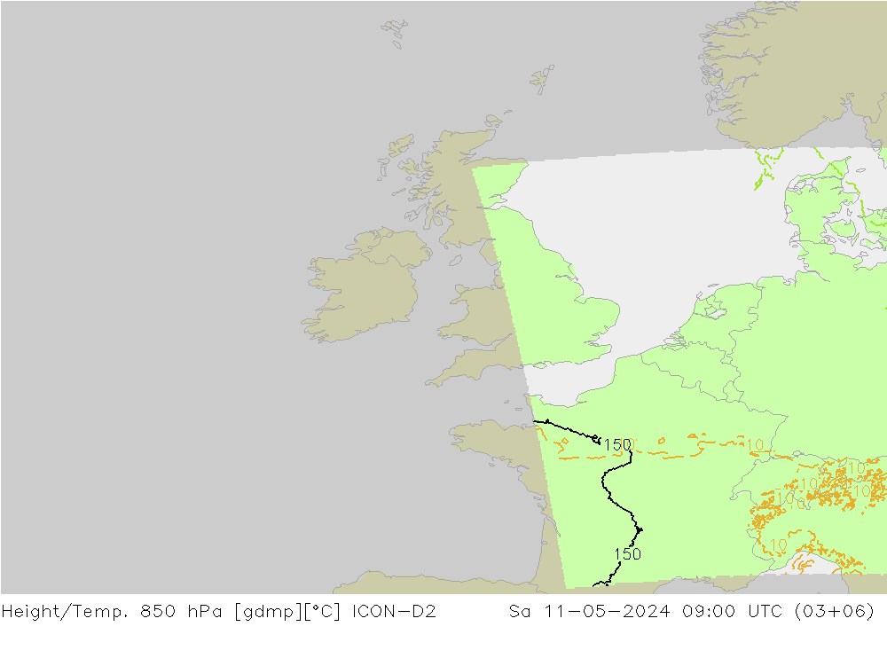 Height/Temp. 850 hPa ICON-D2  11.05.2024 09 UTC