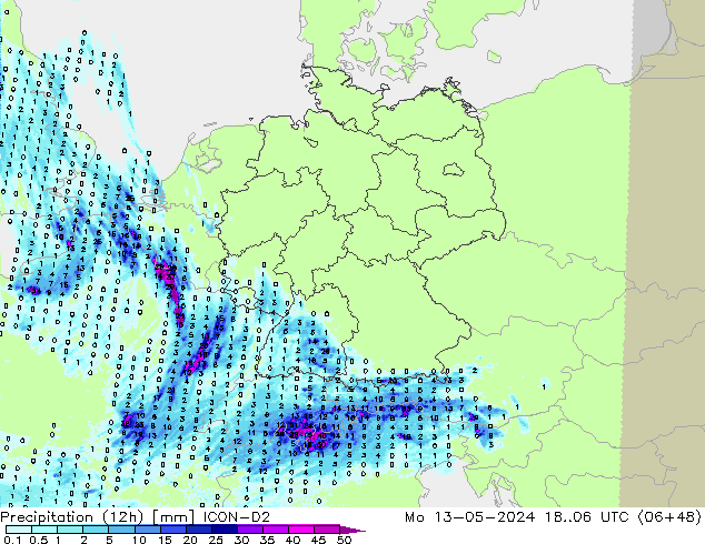 Precipitation (12h) ICON-D2 Mo 13.05.2024 06 UTC