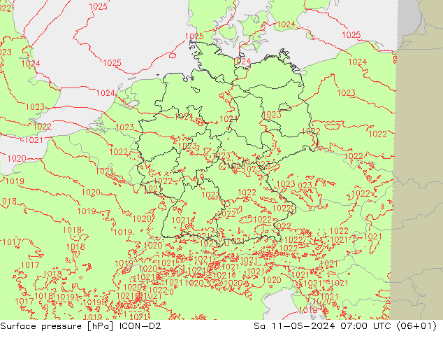 地面气压 ICON-D2 星期六 11.05.2024 07 UTC
