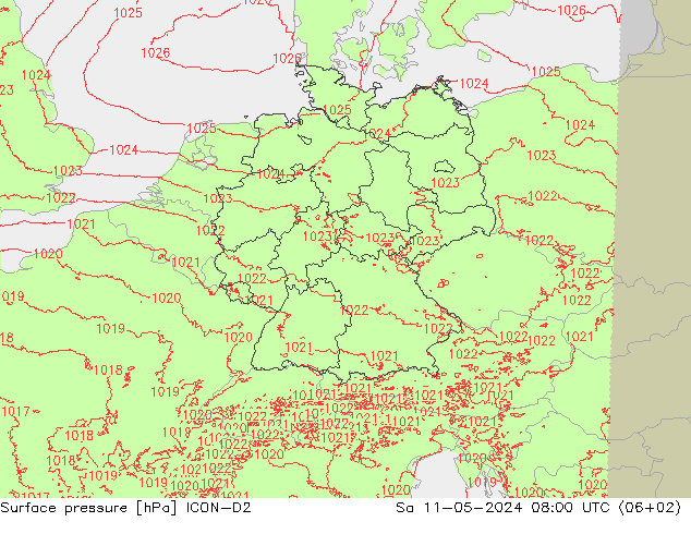 地面气压 ICON-D2 星期六 11.05.2024 08 UTC