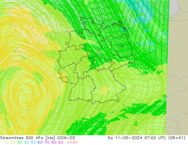 风 500 hPa ICON-D2 星期六 11.05.2024 07 UTC