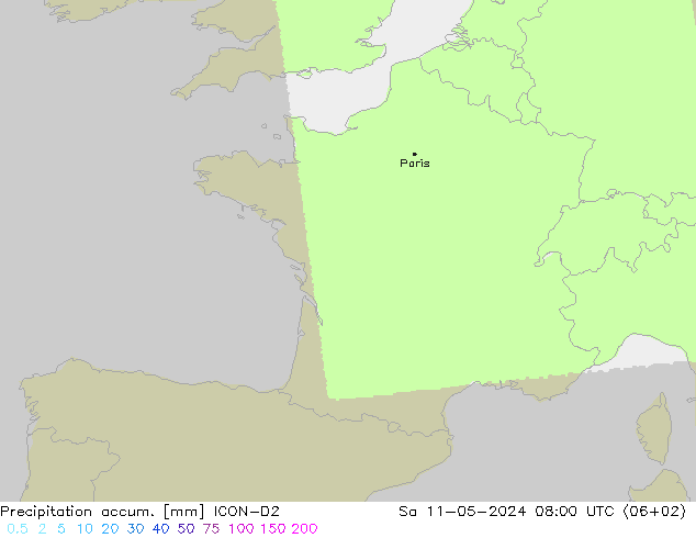 Precipitation accum. ICON-D2 Sa 11.05.2024 08 UTC