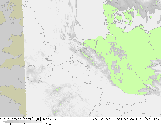 Bulutlar (toplam) ICON-D2 Pzt 13.05.2024 06 UTC
