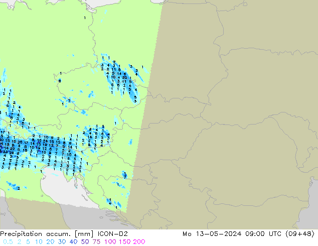 Precipitation accum. ICON-D2 Mo 13.05.2024 09 UTC